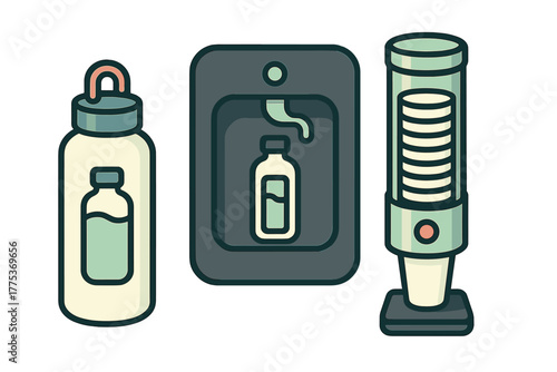 Reusable water bottle, public refill station, and cup dispenser for hydration and sustainability