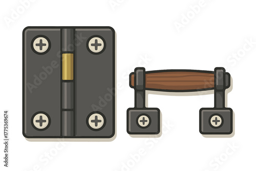 Essential hardware elements set featuring a metal hinge and a wooden grip cabinet handle
