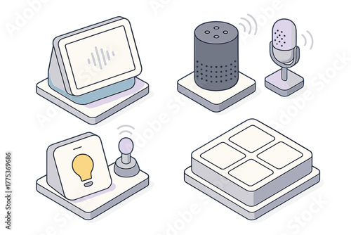 Isometric set of smart home technology devices including voice assistant speaker and control hub