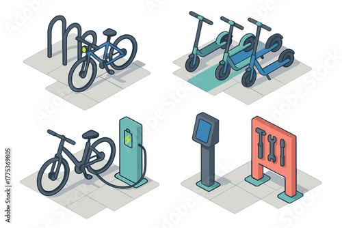Isometric urban micro-mobility infrastructure set with bike racks, electric scooters, charging stations, and repair tools