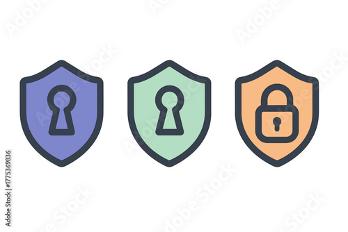 Security shields featuring keyhole and closed lock symbols for digital protection and privacy