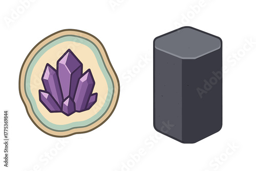 Stylized stickers showing a purple crystal geode slice and a dark gray geometric prism block