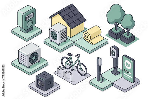Isometric icons of sustainable energy, smart home technology, and green living elements