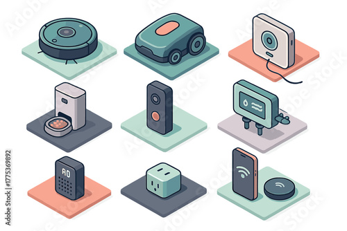Essential smart home automation technology devices and Internet of Things gadgets in isometric view