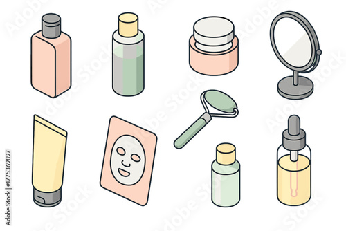 Isometric collection of beauty and skincare products including bottles, jars, and jade roller