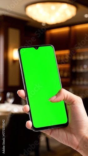 Hand uses green screen phone; blurred interior, fancy chandelier overhead