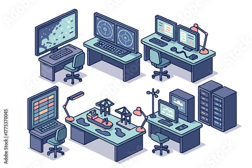 Multiple modern isometric office setups for technology logistics and data monitoring operations