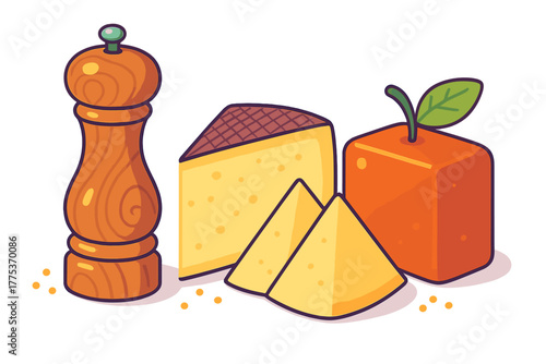 Assortment featuring a wooden pepper mill, cheese wedges, and stylized cubic orange fruit