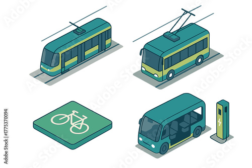 Sustainable urban mobility with tram, trolleybus, electric van, charging station, and bicycle sign