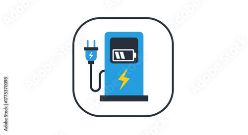 Electric vehicle charging station icon with a plug and battery symbol in a square frame