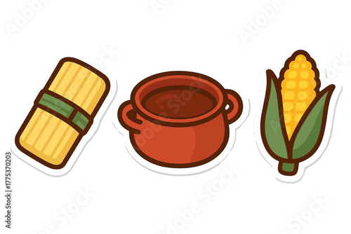 Traditional Mexican tamale, clay pot drink, and fresh corn on the cob food items