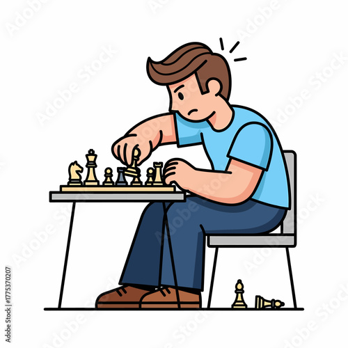 Line drawing of thoughtful man playing strategic chess game indoors