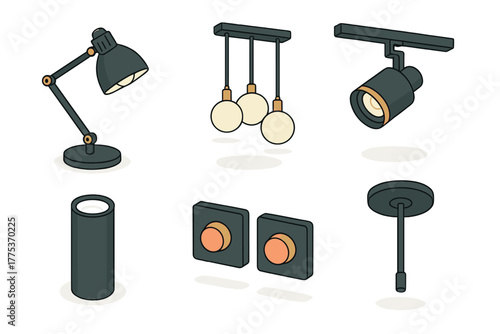 Set of contemporary interior lighting elements including desk lamp, pendant lights, track spotlight, and wall switches