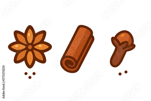 Collection of popular autumn and winter baking spices including star anise cinnamon and clove