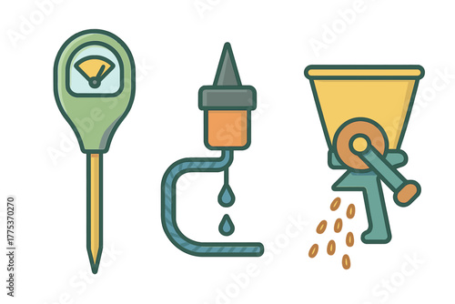 Set of essential gardening tools including soil moisture meter, drip irrigation, and seed dispenser