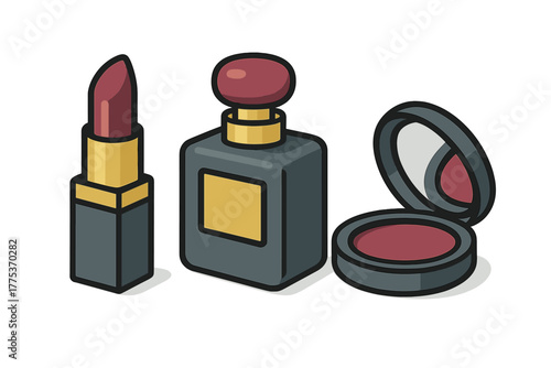 Essential beauty products set featuring lipstick perfume bottle and makeup compact