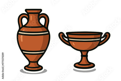 Traditional ancient Greek terracotta amphora and stemmed cup pottery vessels