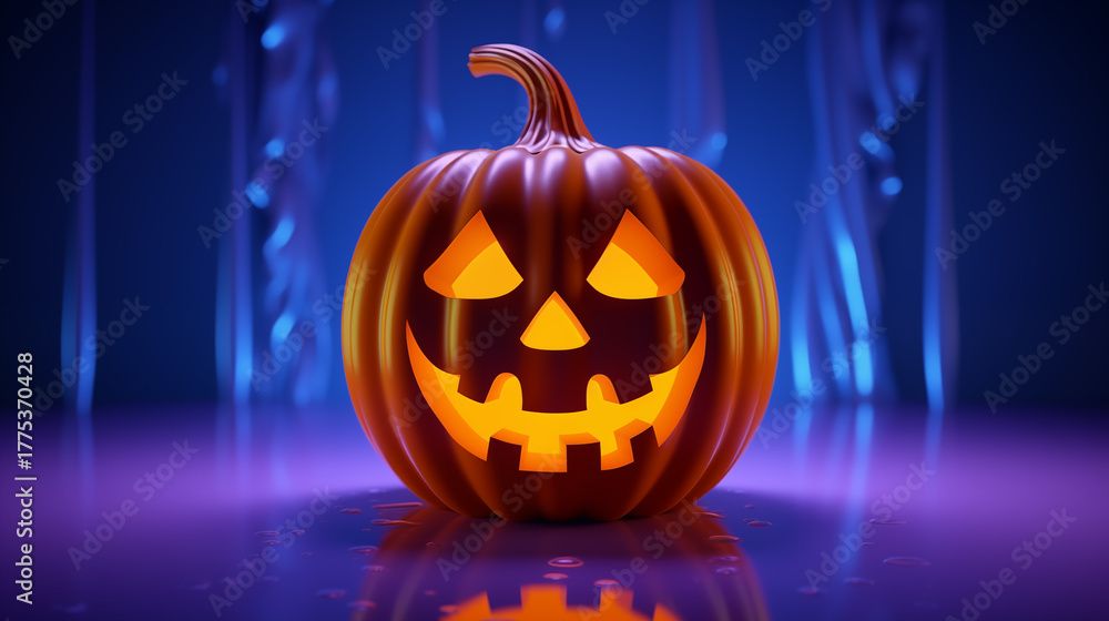 Fototapeta premium Halloween pumpkin concept horizontal banner. 3D render cartoon style. Blue background. Artwork digital illustration. 