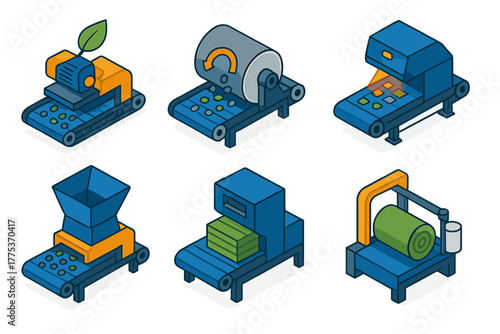 Isometric view of industrial manufacturing and processing machinery on automated conveyor belts