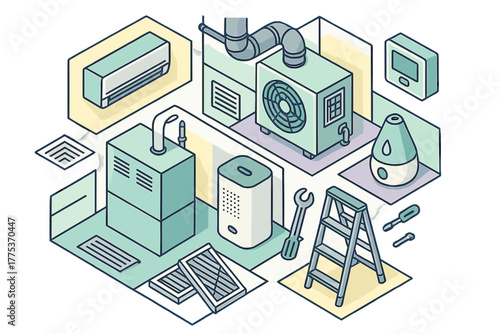 Isometric arrangement of heating, ventilation, and air conditioning systems with maintenance tools and climate control