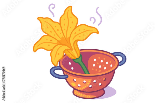 Bright yellow squash blossom resting inside a vibrant red colander with steam