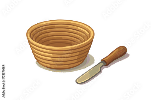 Traditional woven proofing basket and bread scoring knife used for artisanal baking