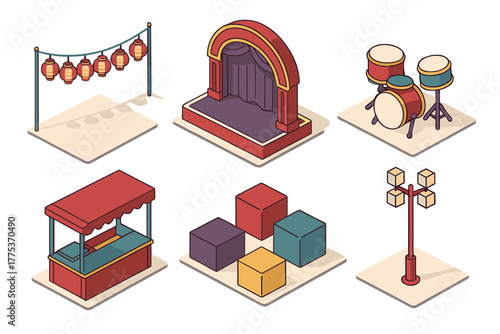 Isometric traditional street festival elements including stage, lanterns, drums, and vendor stand