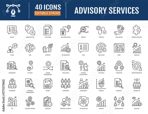 Advisory consulting icon set. Editable strike. Vector illustration with editable strokes