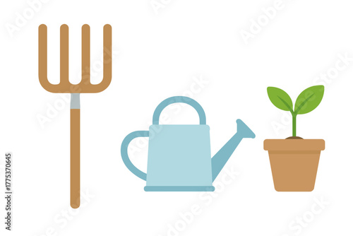 Set of essential gardening tools including watering can, garden fork, and potted plant seedling
