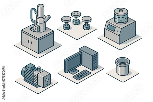 Isometric set of laboratory and industrial equipment including computer, pump, and scientific instruments
