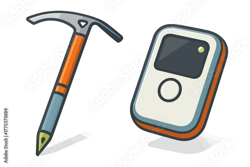 Mountaineering ice axe and avalanche beacon equipment for winter sports safety