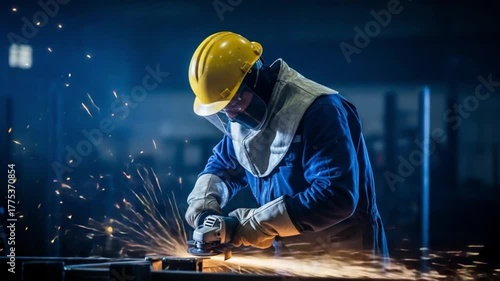 Worker using angle grinder with sparks flying wearing safety gear in a dark blue environment