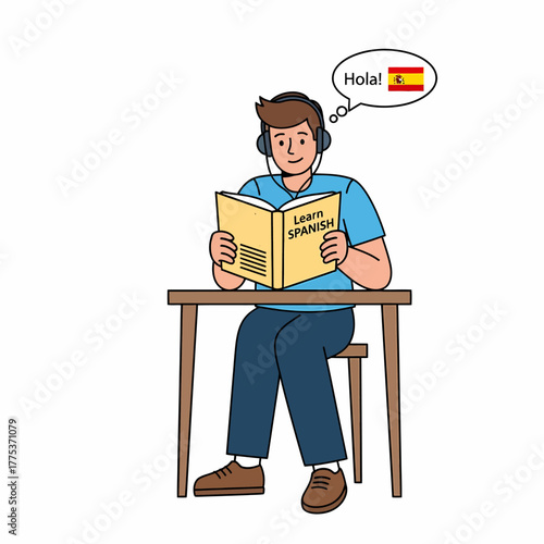 Illustration man learning spanish online with headphones at desk