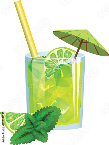 cocktail with lime and mint, mojito cocktail isolated on white, Refreshing mojito cocktail with lime slices, mint leaves, presented on a white background.