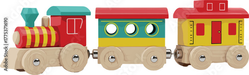 wooden toy train, colorful engine, passenger car, caboose design, children’s play item, educational toy, cad drawing flat vector illustration