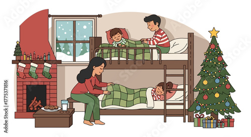 A tender moment as a mother tucks her children into bunk beds on Christmas Eve, surrounded by holiday cheer and a snowy winter night
