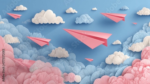Pastel paper airplanes soaring through a layered sky of clouds in light blue and pink