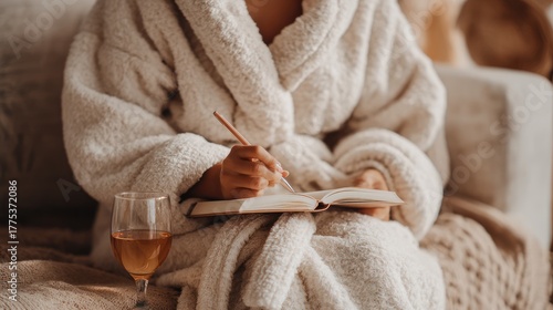 Person in cozy robe, writing in a journal, wine glass at side. Warm light & serene vibe