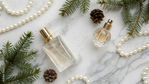 Luxe Christmas Perfume Scene. Perfect for beauty brands, luxury advertising, or holiday gift campaign visuals.