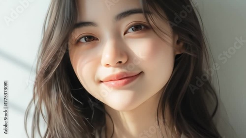 Wallpaper Mural A woman with long dark hair smiles gently, soft light illuminating her face Torontodigital.ca