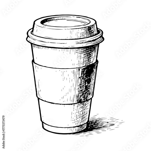 Takeaway coffee cup with lid and sleeve shown in hand-drawn sketch style on white background, concept of caffeine, beverage, or morning routine