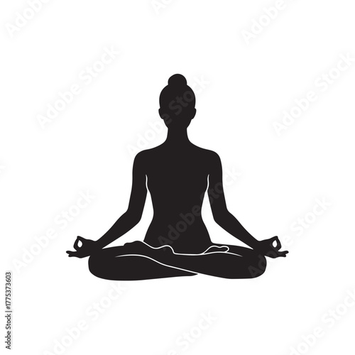 Silhouette of yoga woman in lotus pose, white background