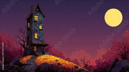 Pixel art of a spooky, tall house on a hill under a starry, moonlit night