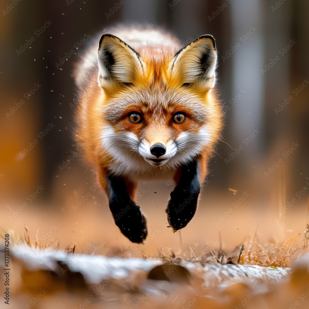 Fototapeta premium Running fox in autumn forest wildlife photography nature environment close-up perspective capturing movement