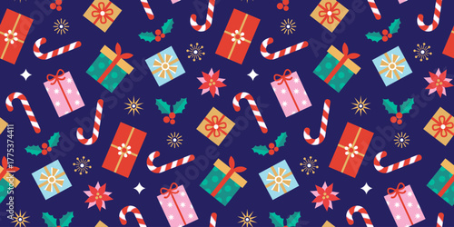 Bright and colourful Christmas Navidad Wrapping paper background banner with candy canes and gifts. Seamless repeating pattern.