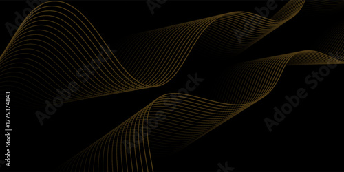Gold abstract waves background. Golden curve lines vector illustration isolated on black. Luxury glitter shiny swirl pattern. Elegant modern fashion design element.
