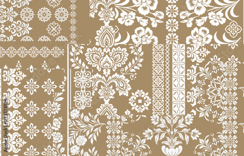 floral pattern vintage ethnic modern embroidery texture boho design vector illustration hand drawn pink flower motif branches leaves wallpaper seamless background border.