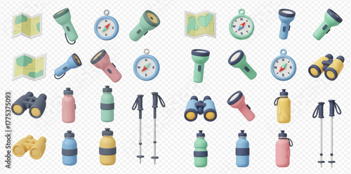 A comprehensive collection of essential outdoor and hiking gear, including maps, flashlights, compasses, binoculars, water bottles, and trekking poles.