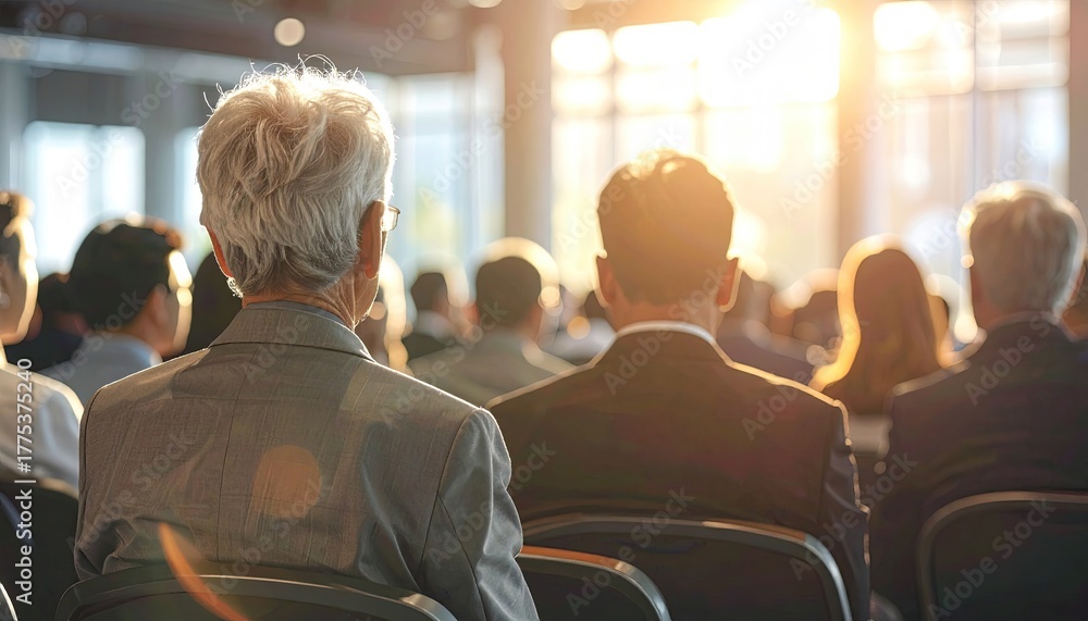 Fototapeta premium Audience watching a presentation with bright sunlight streaming through windows creating a dramatic atmosphere