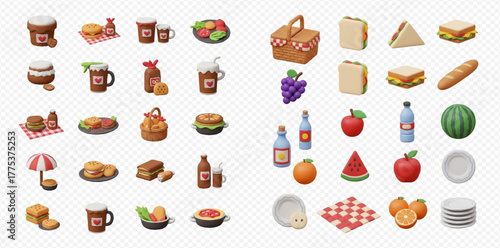 A collection of various 3D rendered food and picnic items including sandwiches, fruits, drinks, and desserts on a transparent background.